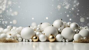 A festive winter backdrop featuring a white stand adorned with Christmas baubles. photo