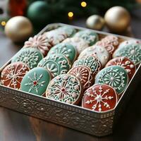 Mouthwatering assortment of deliciously decorated Christmas gingerbread ginger cookies. Different colors. Xmas presents advertising. photo