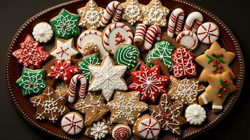 Mouthwatering assortment of deliciously decorated Christmas gingerbread ginger cookies. Different colors. Xmas presents advertising. photo