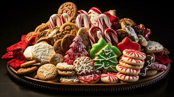 Mouthwatering assortment of deliciously decorated Christmas gingerbread ginger cookies. Different colors. Xmas presents advertising. photo