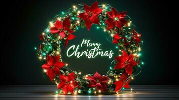 Vibrant red and green Christmas wreath with twinkling lights, signaling the arrival of joyous celebrations photo