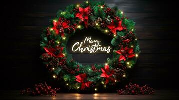 Vibrant red and green Christmas wreath with twinkling lights, signaling the arrival of joyous celebrations photo