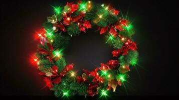 Vibrant red and green Christmas wreath with twinkling lights, signaling the arrival of joyous celebrations photo