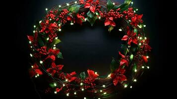 Vibrant red and green Christmas wreath with twinkling lights, signaling the arrival of joyous celebrations photo