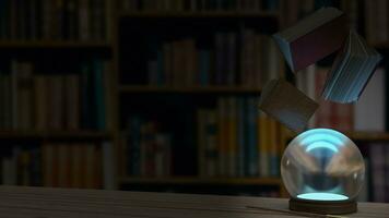 el magia pelota en madera mesa en biblioteca 3d representación. foto