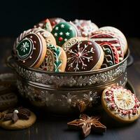 Mouthwatering assortment of deliciously decorated Christmas gingerbread ginger cookies. Different colors. Xmas presents advertising. photo