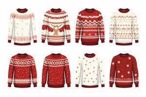 Festive holiday jumpers spread across a pristine canvas. photo