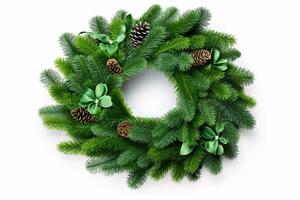 AI generated A festive green wreath isolated on a white canvas. photo