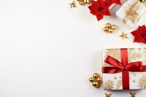 An isolated white Christmas decoration, a gift box, a golden ribbon with floral adornment, viewed from above in a horizontal and diagonal arrangement. photo