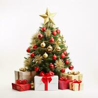 A vivacious, colourfully-bedecked Christmas tree with presents surrounding it on a clear whitish backdrop. photo