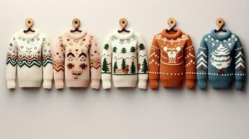 Festive winter knitwear displayed against a pristine backdrop. photo