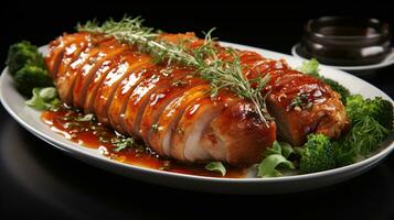 A succulent, roasted pork dish with a savoury sauce and topping, isolated on a sombre backdrop. photo