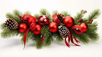 A scene of festive green pine twigs, red decorations and silky ribbons on a white backdrop is presented. photo