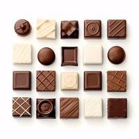 un selección de chocolates son visto encima un prístino blanco superficie. foto