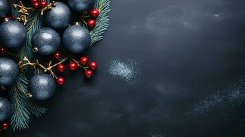 un festivo invierno escena de regalos y abeto ramas con rojo decoraciones en un oscuro fondo, Perfecto para el Días festivos foto