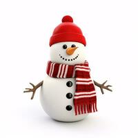 A snowman, adorned with a Santa hat and a red scarf, stands isolated on a pristine white backdrop. photo