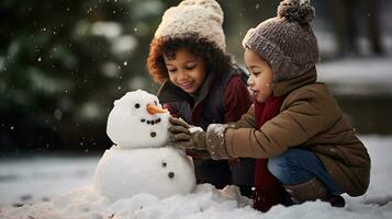 niños jugar al aire libre en nieve. al aire libre divertido para familia Navidad vacaciones. jugando al aire libre. contento niño teniendo divertido con muñeco de nieve. foto