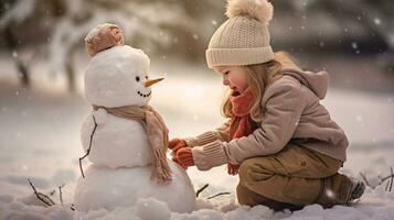 niños jugar al aire libre en nieve. al aire libre divertido para familia Navidad vacaciones. jugando al aire libre. contento niño teniendo divertido con muñeco de nieve. foto