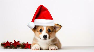 A Pembroke Welsh Corgi pup wearing a festive red cap is featured solo on a white backdrop. photo