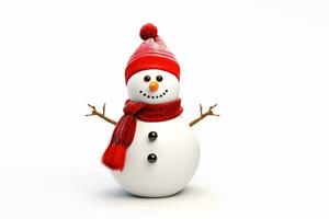 A snowman with a red snood and Father Christmas bonnet stands alone on a white backdrop. photo