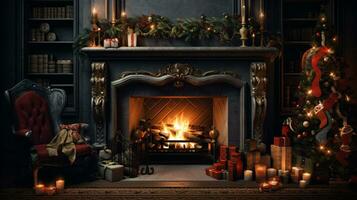 Cozy fireplace adorned with stockings and garlands, creating a warm and inviting atmosphere photo