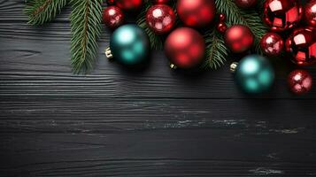 A festive, wintery scene of fir branches, red and green adornments on a dusky background in a flat, bird's-eye view. photo