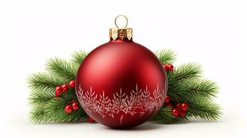 Christmas Fir sprigs isolated on white background, Xmas adornment, verdant pine branch alongside red ornament. photo