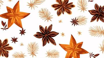 An isolated pattern of New Year symbols, such as coniferous branches, cones, and star anise, is featured on a festive background. photo