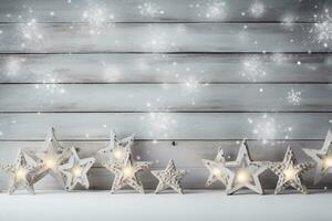 A pristine white wooden desk possessing a Yuletide backdrop. photo