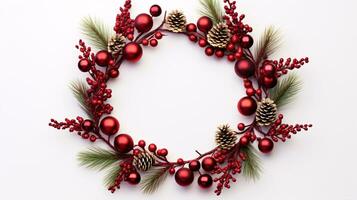 A festive wreath presents a flat-lay, top-view with copy space on a white backdrop. photo