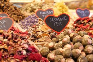 Colorful herbal tea from spice bazaar, traditional tea in Istanbul, photo