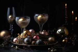 ai generado Navidad decoración con vino lentes y adornos foto