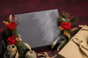 AI generated christmas gift box with red roses and pine cones photo