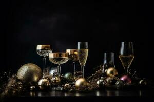 AI generated a table with champagne glasses and christmas decorations photo