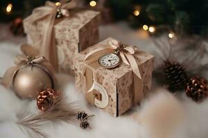 AI generated christmas gifts with clock and ornament photo