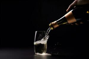 AI generated champagne being poured into a glass on a black background photo