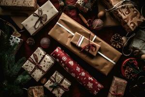 AI generated christmas presents wrapped in brown paper on a red background photo