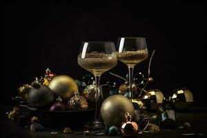 AI generated two glasses of champagne and christmas decorations on a black background photo