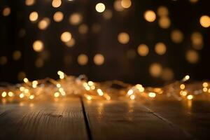 AI generated christmas lights on wooden floor with bokeh effect photo