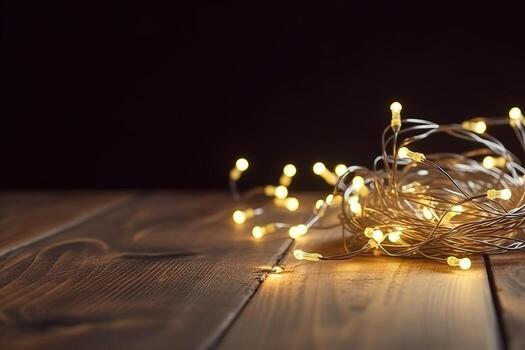 ai generado un cuerda de luces en un de madera mesa foto