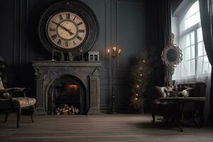 AI generated a dark room with a fireplace and a clock photo