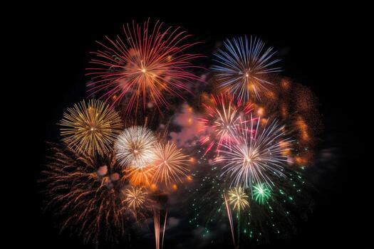 AI generated colorful fireworks on black background photo