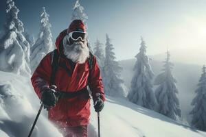 ai generado Papa Noel claus esquiar en el nieve foto