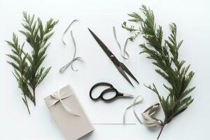 AI generated christmas gift box with scissors, twigs and paper on white background photo