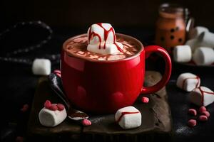 AI generated a red mug with marshmallows and a red cup of hot chocolate photo