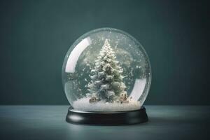 AI generated christmas tree in snow globe on dark background photo