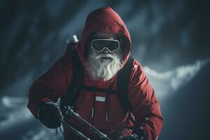 AI generated santa claus in red jacket and goggles on snow photo