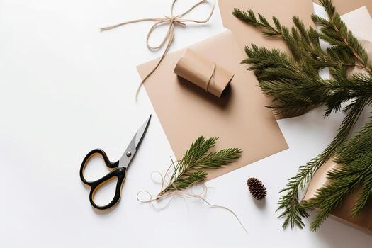 AI generated christmas gift wrapping with scissors and paper on white background photo