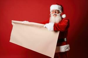 AI generated santa claus holding blank paper on red background photo