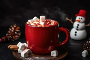 AI generated hot chocolate with marshmallows and snowman on a dark background photo